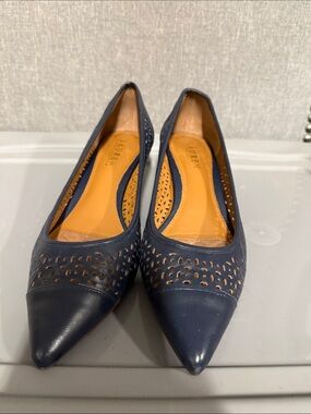 Lauren Ralph Lauren Navy Perforated Pointed-Toe Leather Flats